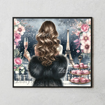 20oz tumbler wrap design with Paris skyline, glittering tower, and floral macarons.