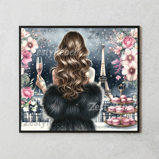 20oz tumbler wrap design with Paris skyline, glittering tower, and floral macarons.