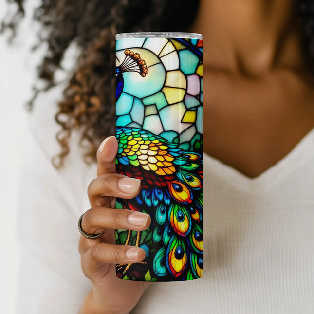 High-res tumbler wrap PNG with bold stained glass artwork of peacock and botanical accents.