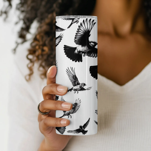 Tumbler wrap PNG with graceful flying birds, ideal for elegant DIY gifts and print-on-demand products.