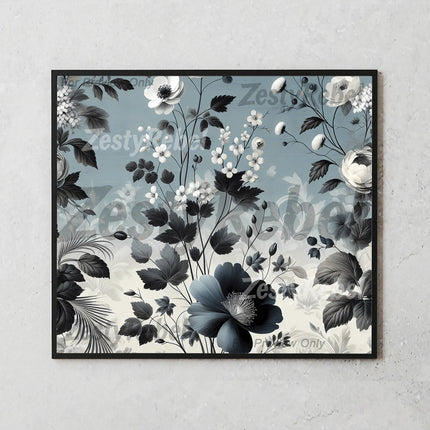 Seamless floral tumbler wrap design with blue, white, and black vintage flowers