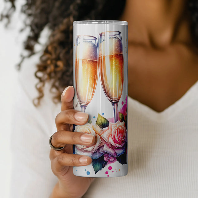 Wedding-inspired wrap PNG with champagne and roses – ideal for personalized drinkware and POD shops.