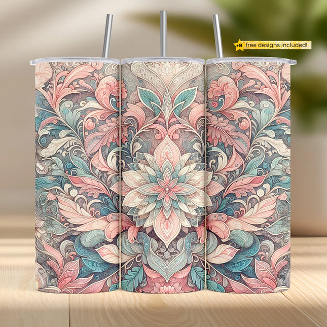 Buy elegant floral tumbler png for sublimation – ornate scroll pastel digital wrap design
