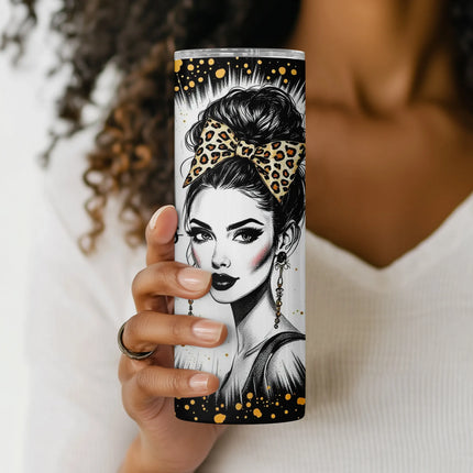 Close-up of elegant mom’s face, leopard bow, gold earrings, and “Mom energy, always fierce” text.
