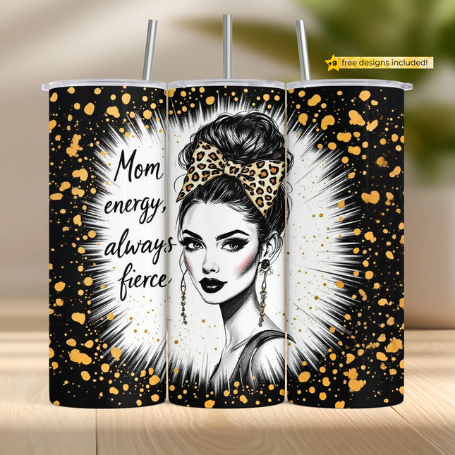 Stylish mom tumbler wrap with hand-drawn portrait, leopard-print bow, and gold splatter on black and white.