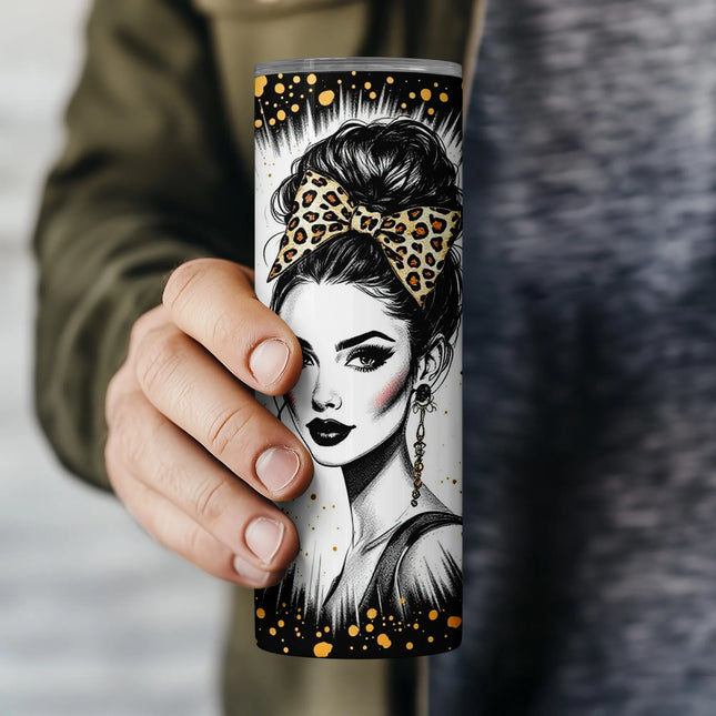 Flat PNG preview of seamless mom energy tumbler wrap with black, white, and gold glitter effects.