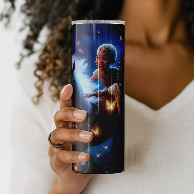 Printable unicorn tumbler wrap with radiant girls riding through enchanted night – perfect for POD shops and DIY gifts.
