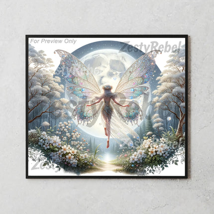 Sparkling winged fairy in magical snow scene – digital sublimation wrap.