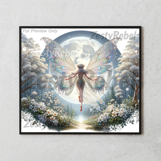 Sparkling winged fairy in magical snow scene – digital sublimation wrap.