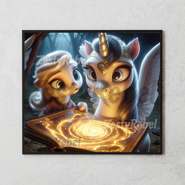 Fantasy-themed unicorn tumbler wrap featuring glowing spell book and heart tiara.