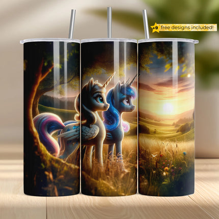 Fantasy tumbler wrap featuring two unicorns in a golden field at sunset – perfect for 20oz sublimation crafting.