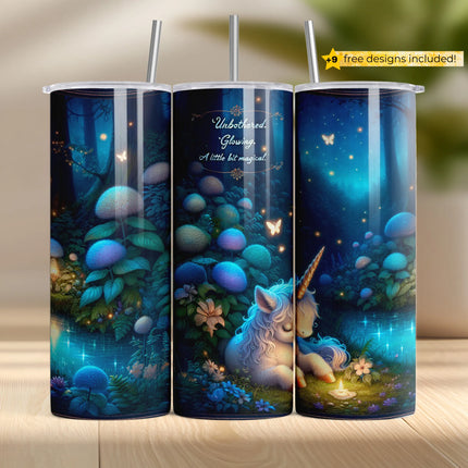 Glowing unicorn in a peaceful forest scene with stars and florals for sublimation tumbler design.