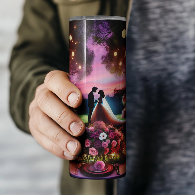 Elegant digital design for sublimation with floral tables, lanterns, and a loving couple silhouette.
