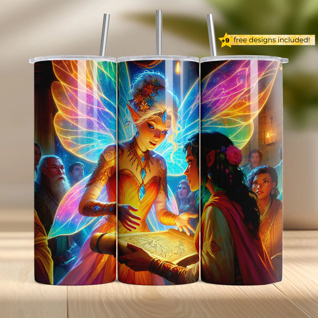 Magical fairy queen holding glowing scroll, council scene PNG for sublimation tumblers.