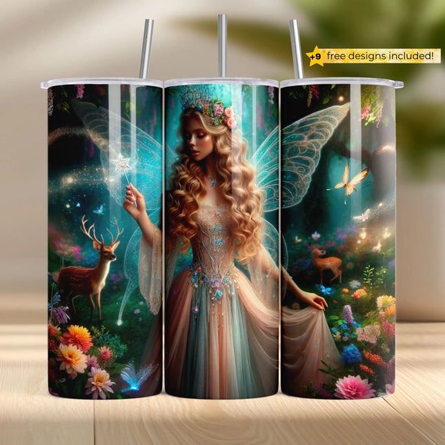 Buy tumbler png for sublimation – glowing fairy queen with crown, wand, and sparkling woodland scene