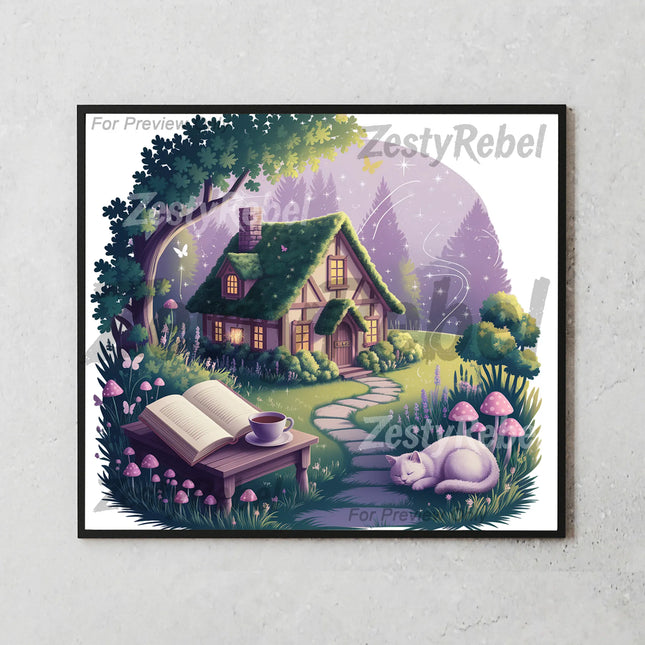 Best fairy tale tumbler png for wall art – dreamy sublimation design with cat, forest, and stars
