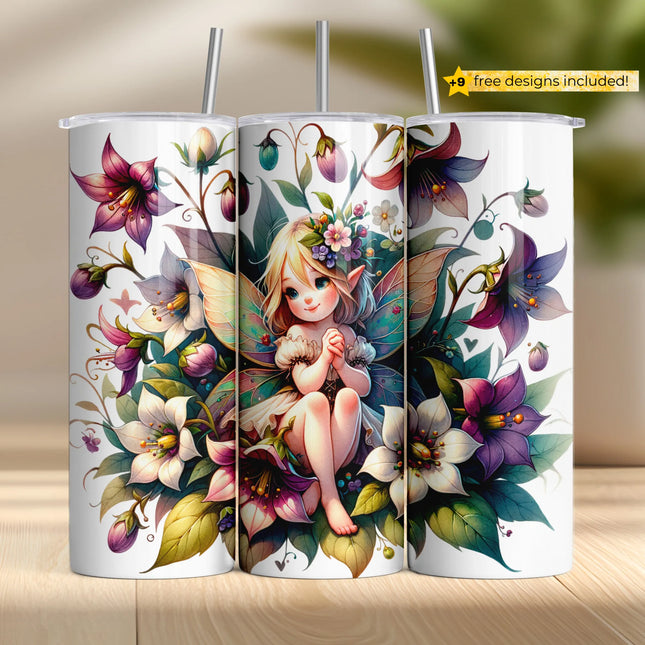 Buy fairy tumbler png for sublimation – whimsical design with floral wings and garden blossoms