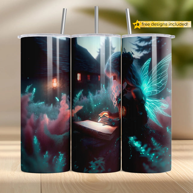 Enchanted fairy reading glowing spellbook in forest, sublimation wrap PNG for tumblers.