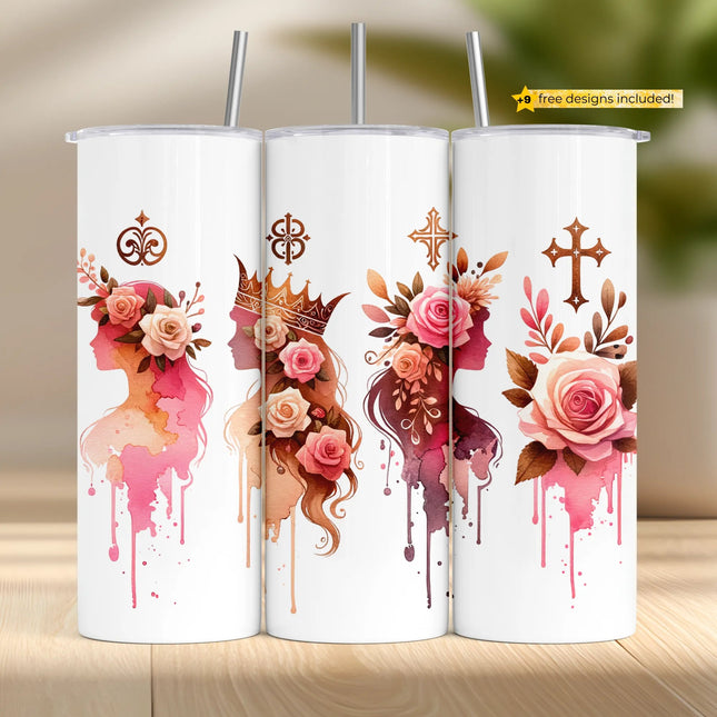 Tumbler wrap with watercolor woman silhouette and soft floral crown under Christian cross