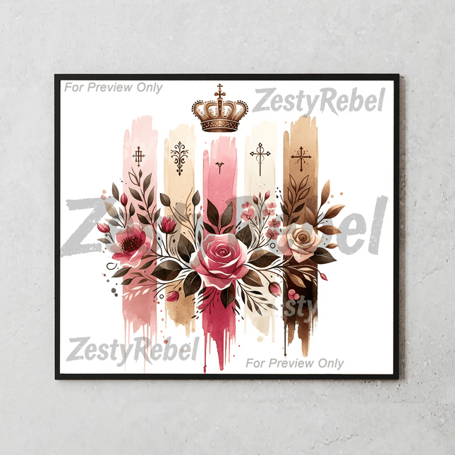 Blush rose and gold cross tumbler wrap PNG design for 20oz skinny sublimation crafts.