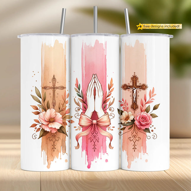 Christian tumbler sublimation PNG with praying hands, blush florals, and ornate cross designs – 20oz wrap for spiritual DIY and digital download.