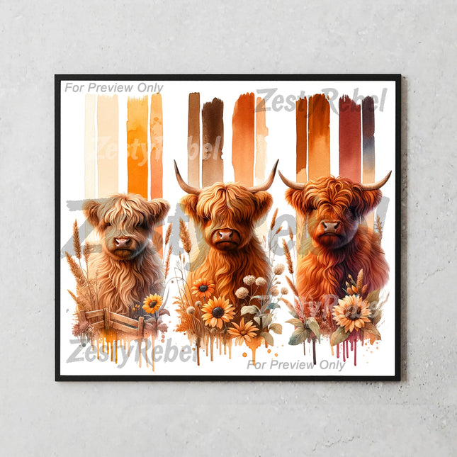 fall farmhouse Highland cow tumbler wrap PNG with sunflowers, perfect for crafting and print-on-demand shops