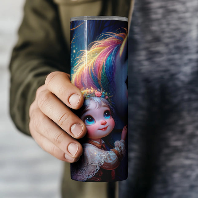 High-resolution PNG design with unicorn and floral-crowned child under twilight sky for DIY sublimation.