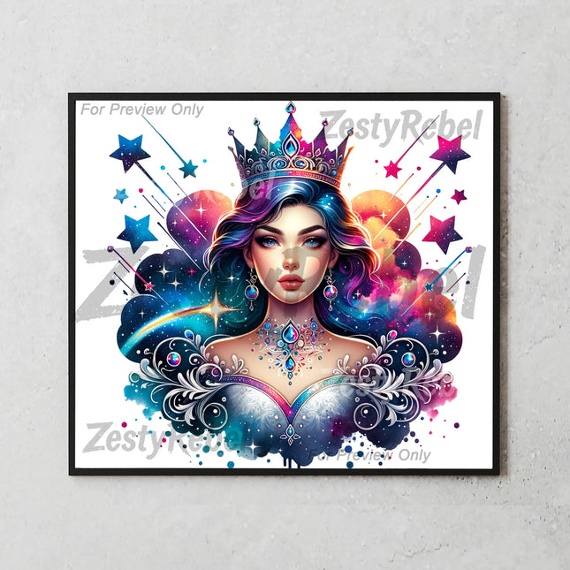 20oz skinny tumbler sublimation design with stars, cosmic textures, and glowing fantasy empress.