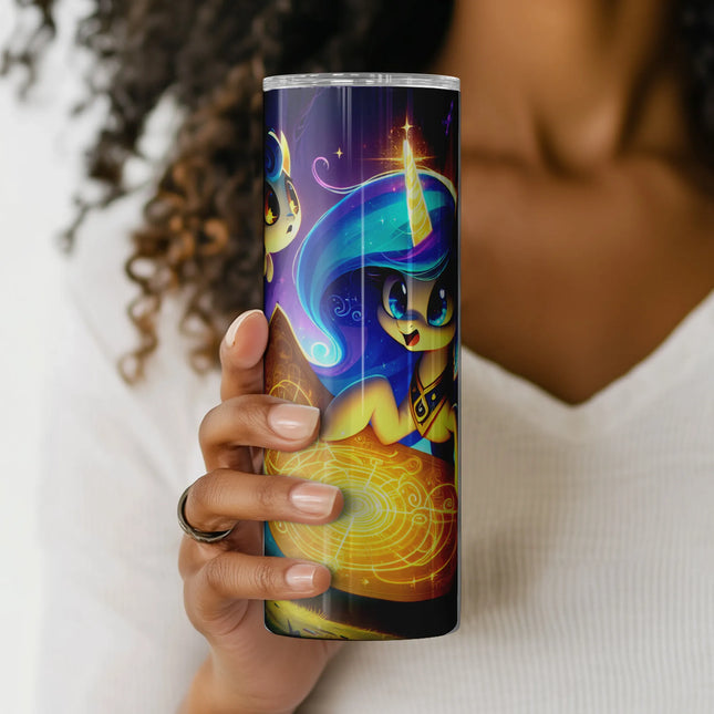 Mystical tumbler PNG with celestial unicorn holding a radiant starmap – ideal for crafters and gifts.