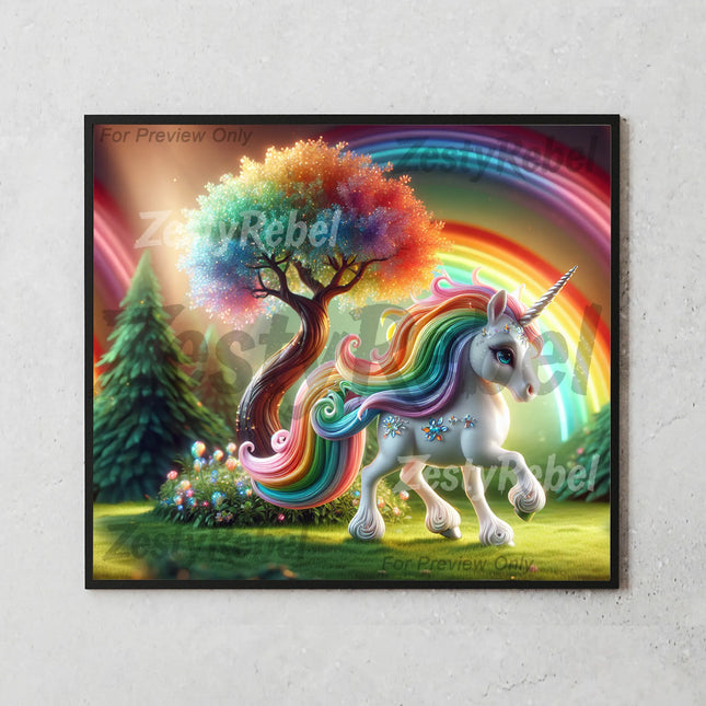 High-res tumbler design of radiant unicorn with rainbow curls and glowing fantasy backdrop.