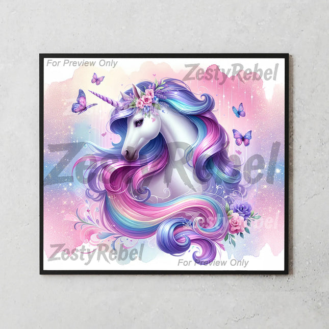 Enchanting unicorn PNG wrap featuring magical butterflies and soft florals for crafting.