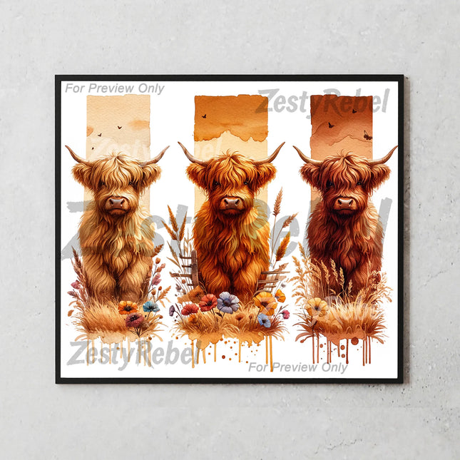 farmhouse Highland cow and plaid pattern tumbler wrap PNG, ideal for fall DIY crafts and POD gifts