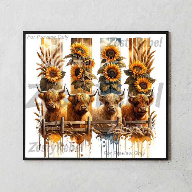 Digital download with sunflower bouquet, wood textures, and cattle charm.