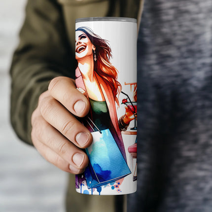 Tumbler wrap PNG with girls laughing over drinks and holding colorful shopping bags for fun DIY gifts.