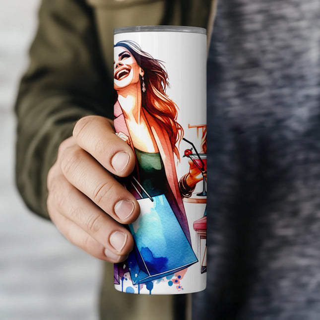 Tumbler wrap PNG with girls laughing over drinks and holding colorful shopping bags for fun DIY gifts.