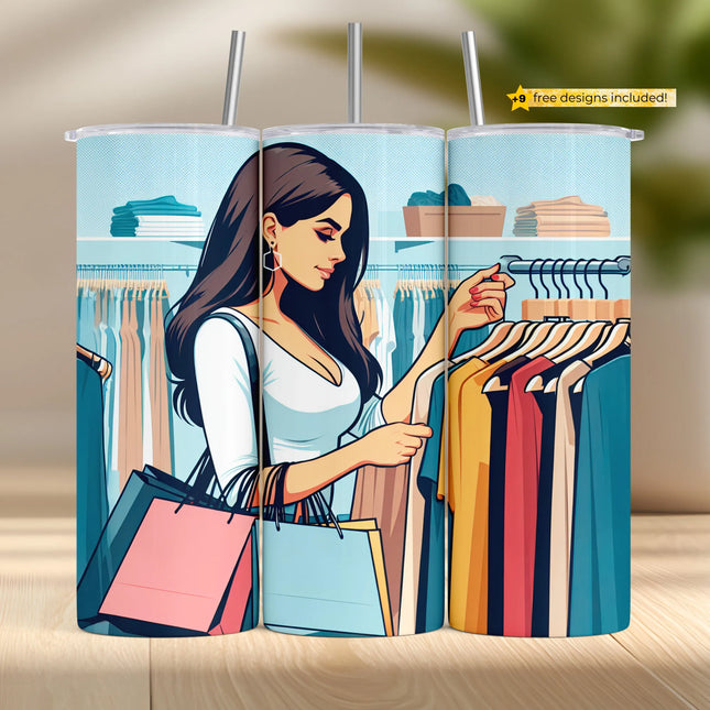 Tumbler wrap PNG featuring stylish woman shopping with pastel bags in a modern boutique setting.