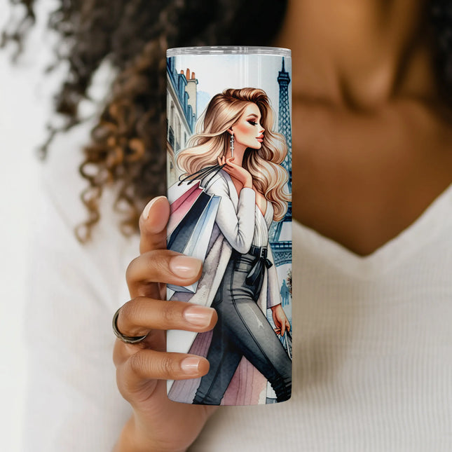Sublimation wrap PNG of luxury storefronts and confident city girl, perfect for fashion-themed gifts.