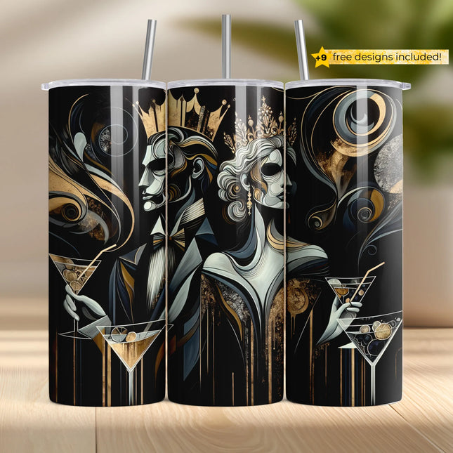 a set of three metal cups with a painting of a woman holding a martini