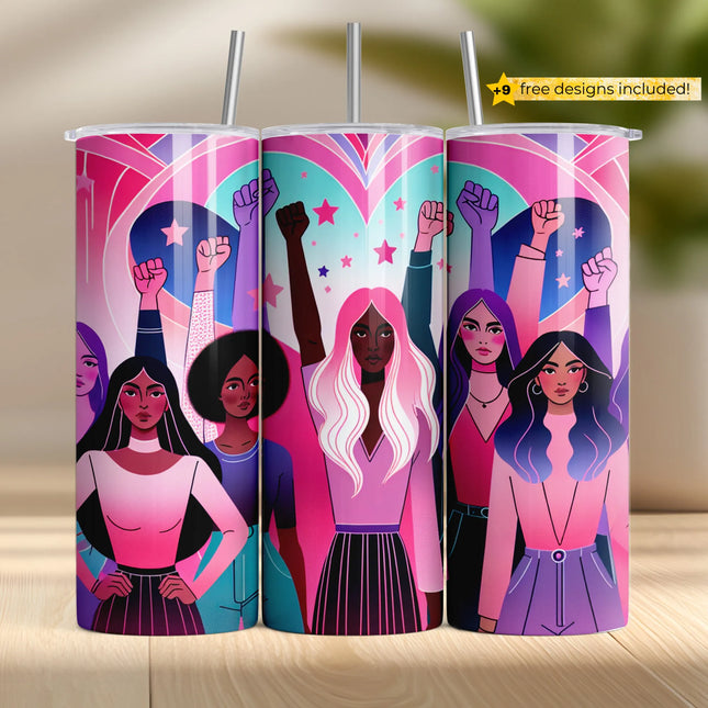 Feminist tumbler wrap design with diverse women raising fists against a pink and purple heart-filled backdrop.