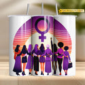 Feminist tumbler wrap PNG with diverse women under a retro sunset and Venus symbol for sublimation crafting.