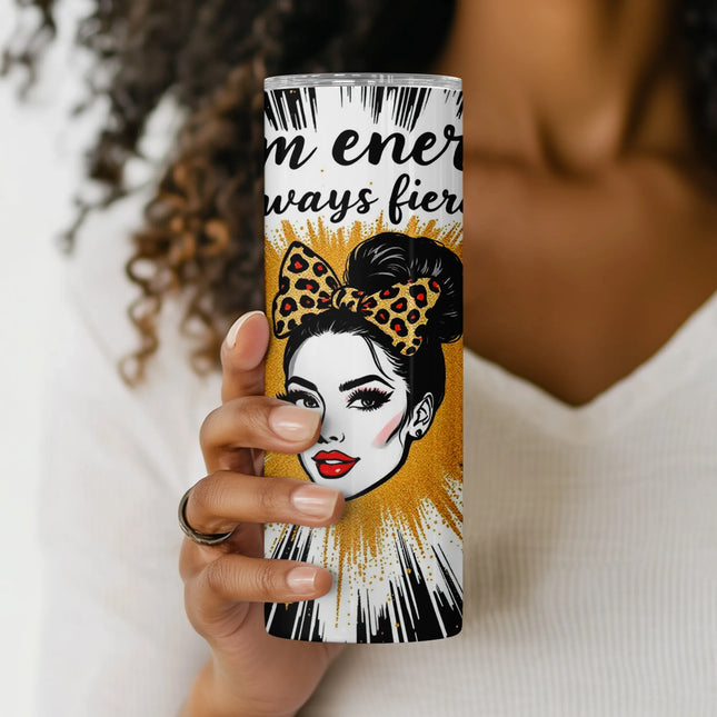 Close-up view of fierce mom face illustration with leopard bow and sparkling glitter accents.