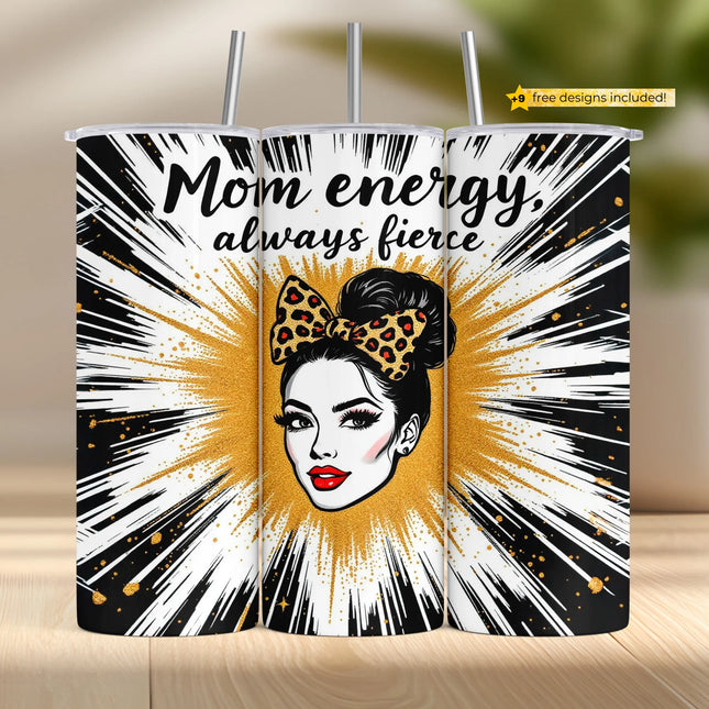 Bold tumbler wrap design with glitter burst, leopard-print bow, and empowering “Mom energy” quote.