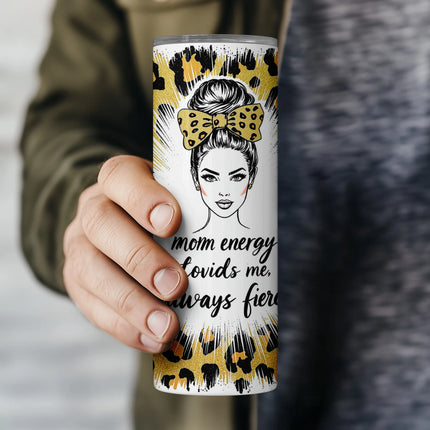Flat PNG file preview of seamless fierce leopard-print mom tumbler wrap designed for 20oz sublimation.