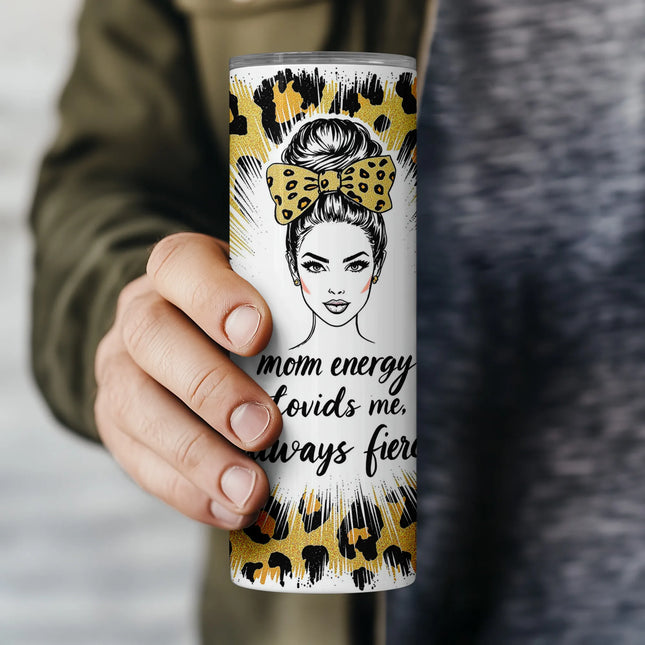 Flat PNG file preview of seamless fierce leopard-print mom tumbler wrap designed for 20oz sublimation.