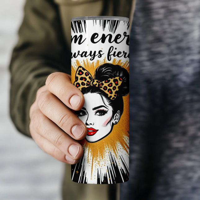 Flat PNG file layout of “Mom Energy” tumbler wrap designed for 20oz sublimation printing.