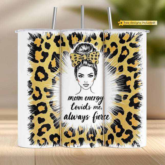 Bold tumbler wrap with glitter leopard print, mom portrait, and “Mom energy, always fierce” text.