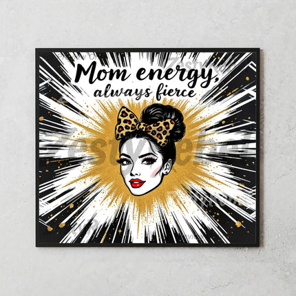 Mockup of 20oz skinny tumbler showcasing glam mom design with glitter and leopard bow.