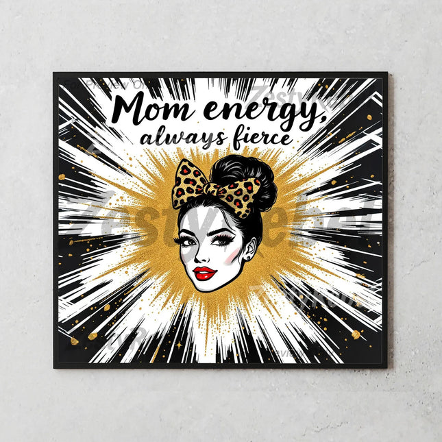Mockup of 20oz skinny tumbler showcasing glam mom design with glitter and leopard bow.