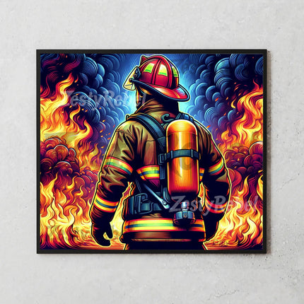 Brave firefighter in full gear facing blaze – DIY tumbler sublimation.