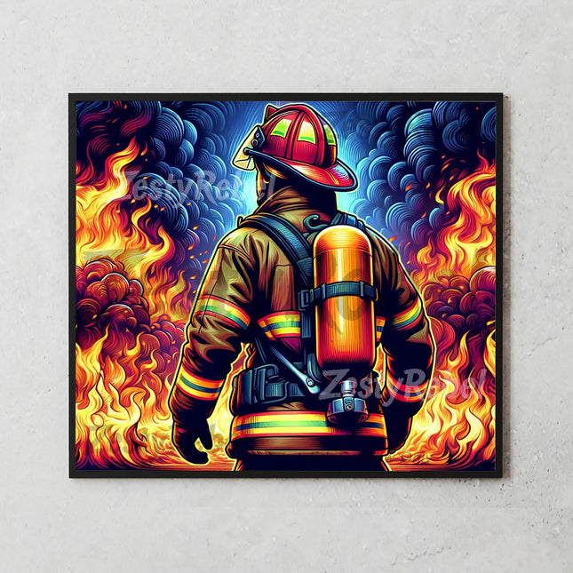 Brave firefighter in full gear facing blaze – DIY tumbler sublimation.